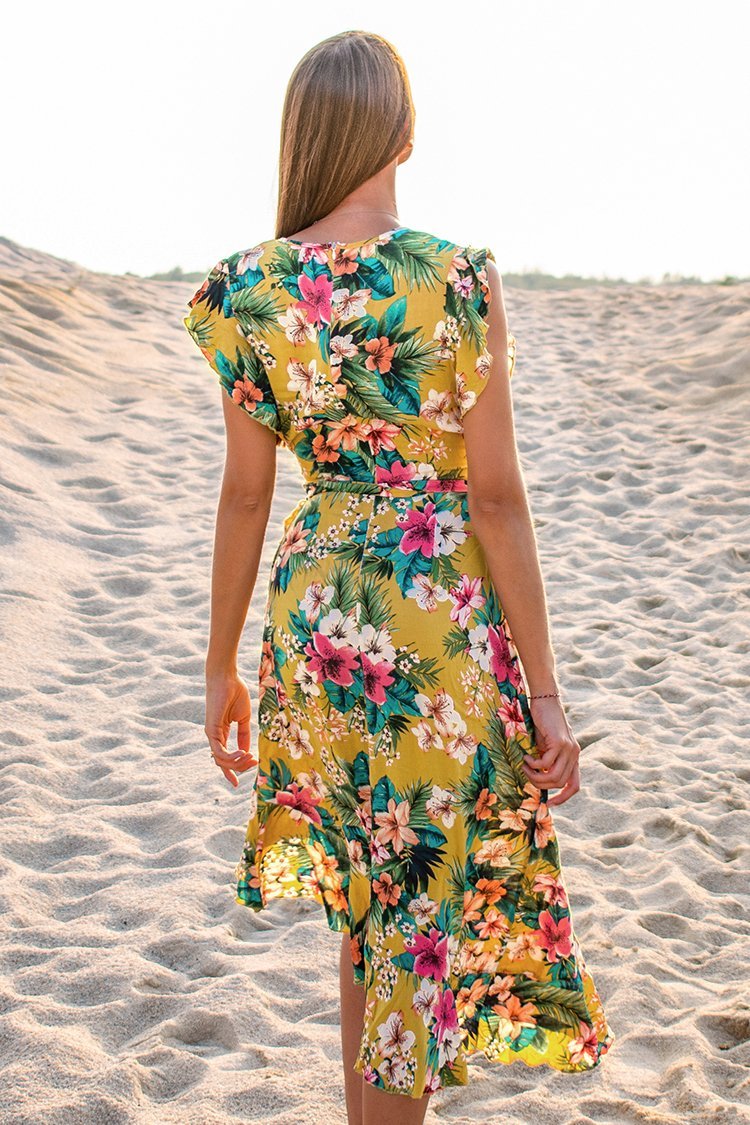 Hawaiian Floral Ruffle Midi Dress