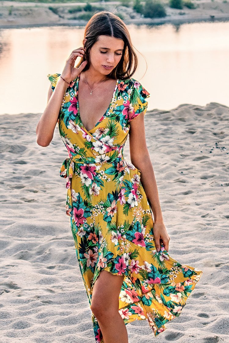 Hawaiian Floral Ruffle Midi Dress