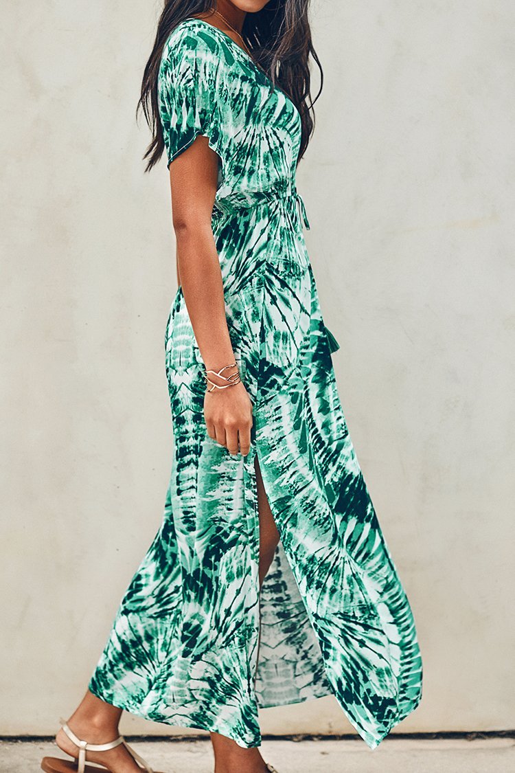 Green Tiedye Vneck Maxi Dress